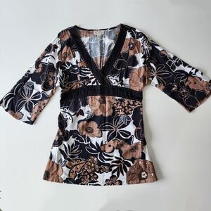 KU DE TA Shirt Womens Medium Tunic Brown Floral Beading Sequin Empire Waist Long